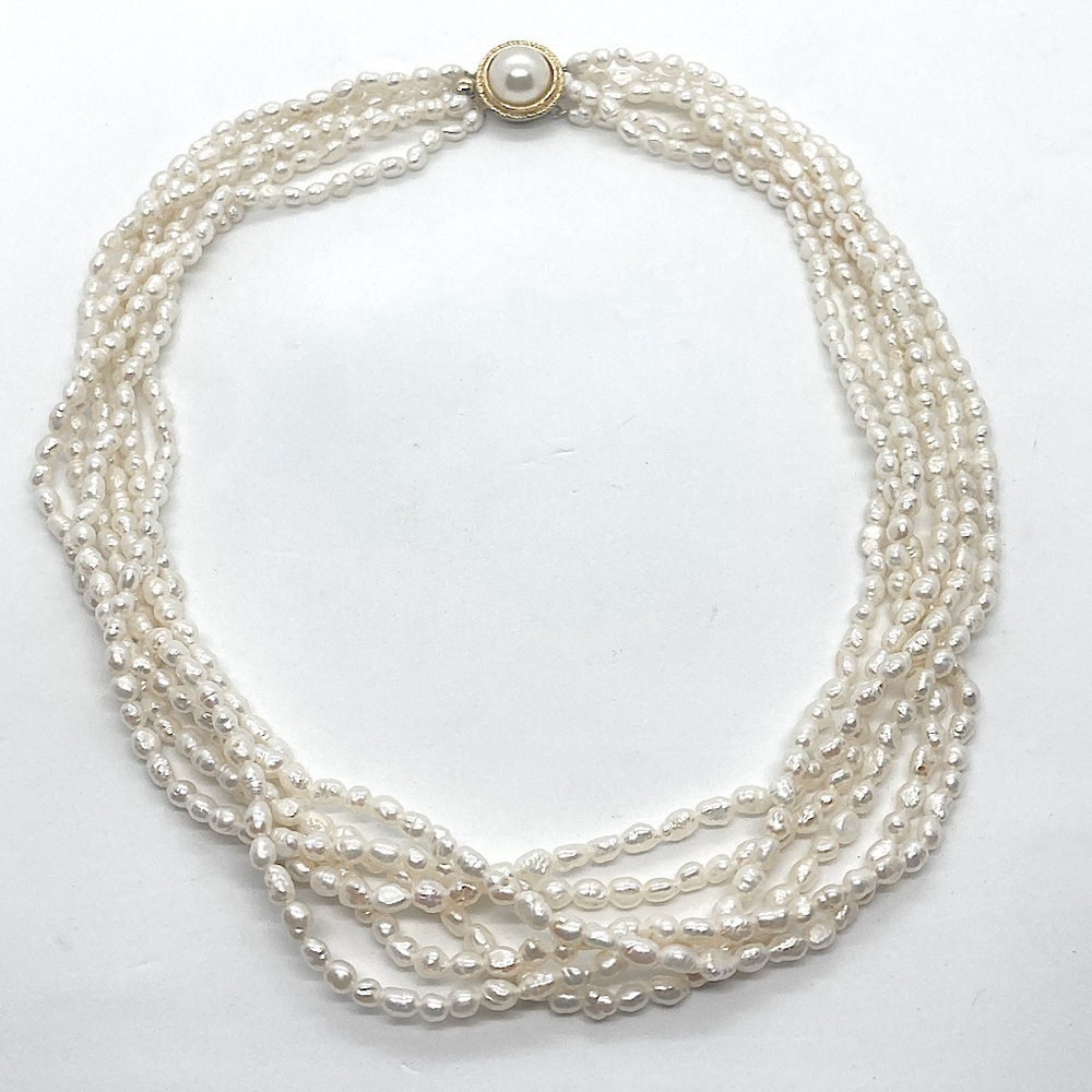 Vtg Sterling & Biwa Pearl Freshwater Rice Pearls Multi Strand Necklace / 17”